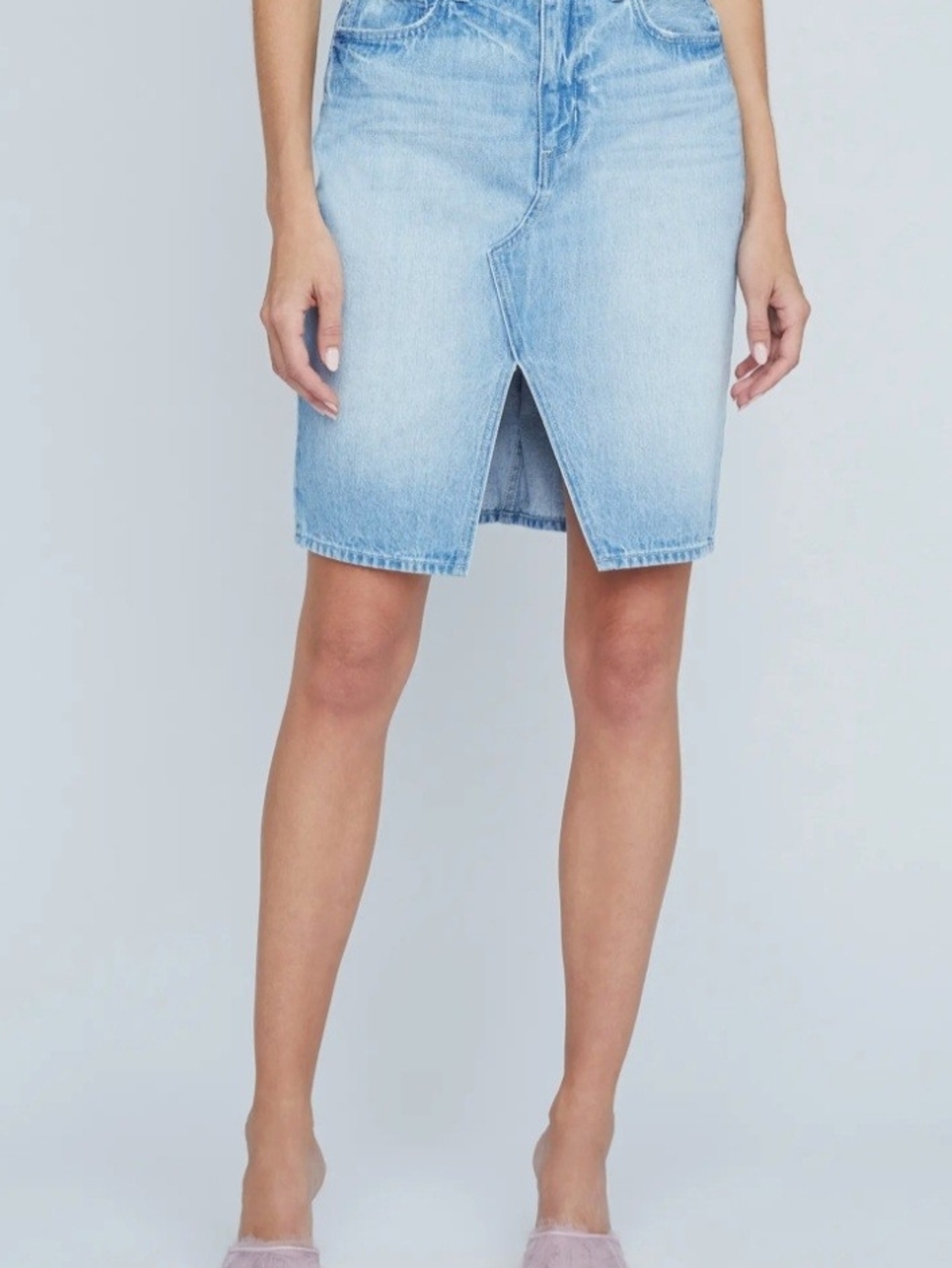 L'AGENCE Light Blue Denim Skirt with Frayed Pocket Detail